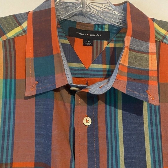 TOMMY Hilfiger Button Up Shirt Short Sleeve Orange Blue Plaid Checks Large - Picture 5 of 9